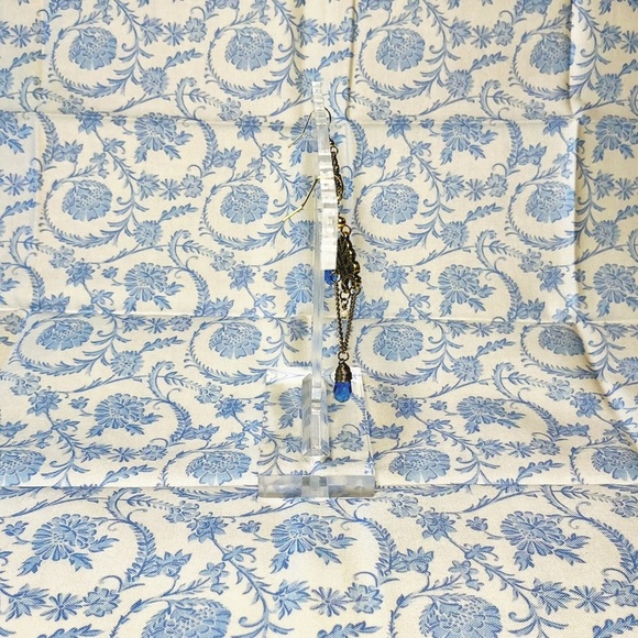 Antique Gold Blue Gemstone Green Crystal Teardrop Dangle Earrings Hand Crafted - Picture 8 of 9